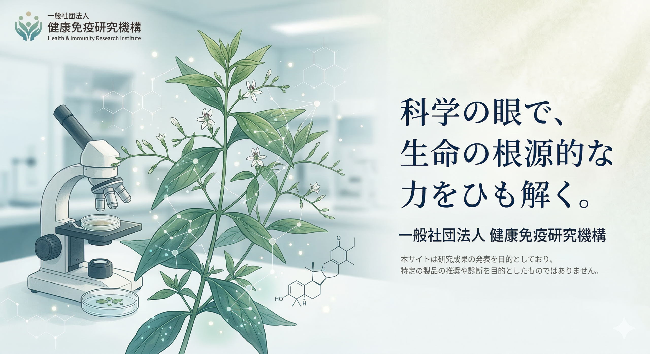 一般社団法人 健康免疫研究機構のメインビジュアル：センシンレンの植物イラストと顕微鏡